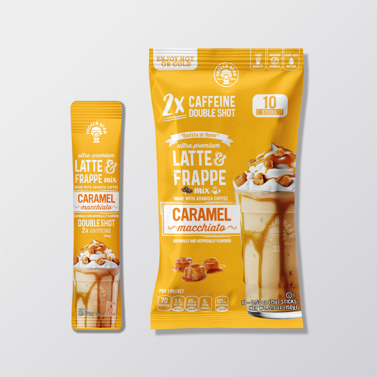 The Frozen Bean caramel macchiato frappe stick ready for quick, cafe-style drinks on the go