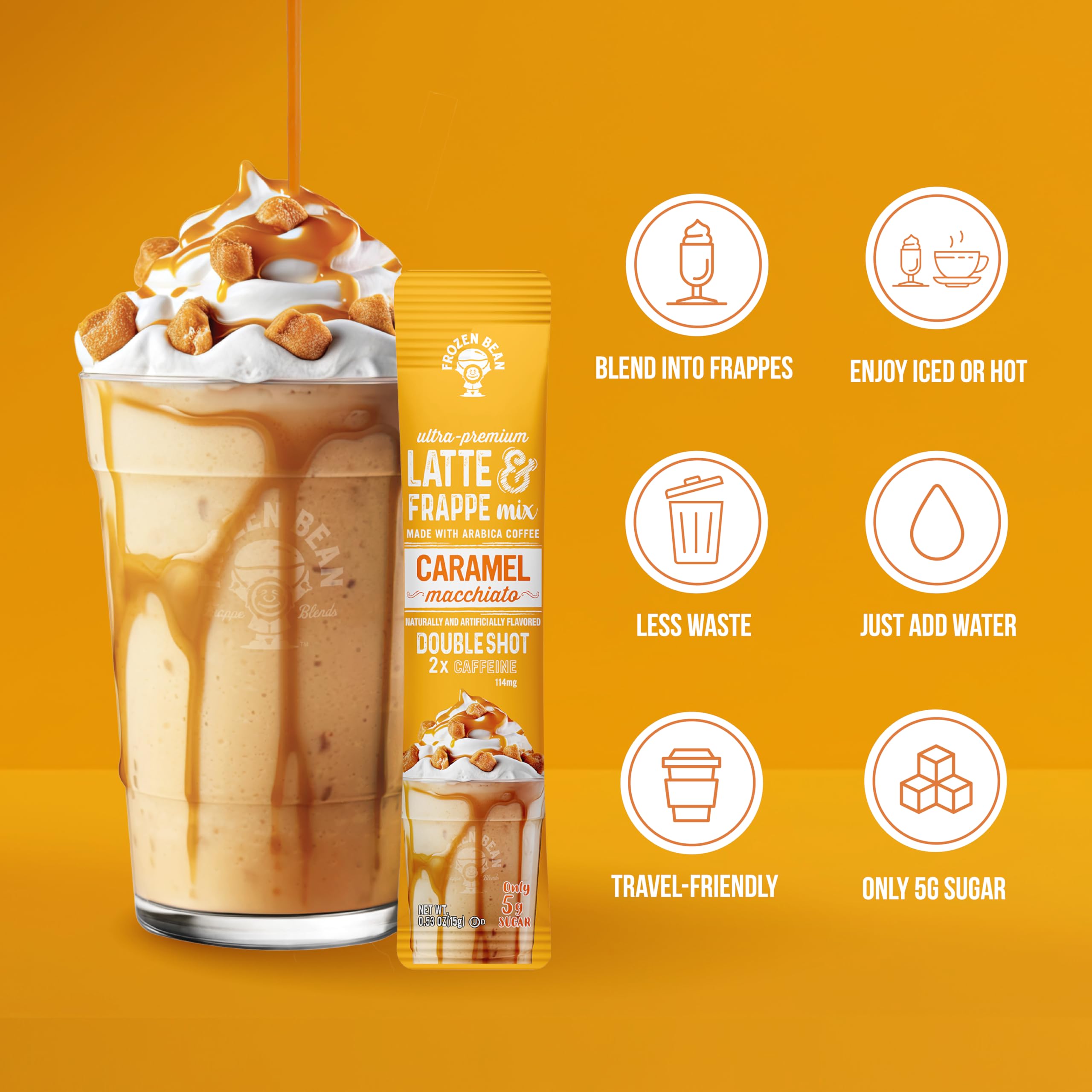 The Frozen Bean caramel macchiato hot latte cup showing a cozy at-home beverage