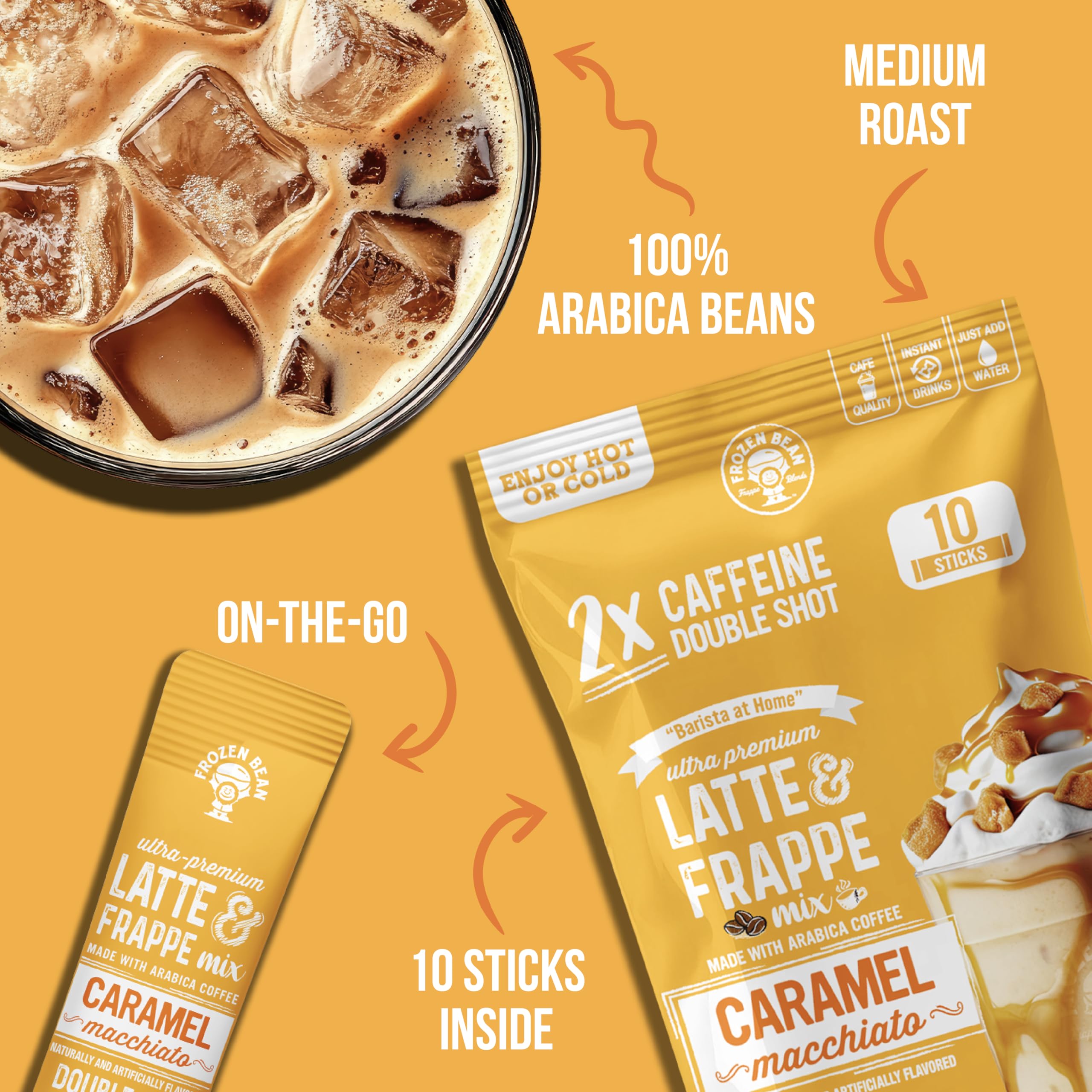 The Frozen Bean caramel macchiato iced frappe for refreshing, low-sugar indulgence