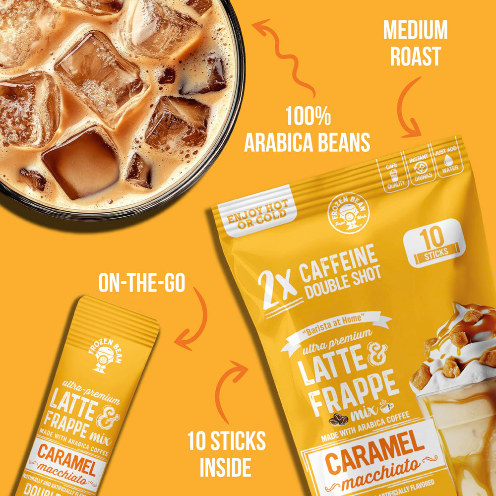The Frozen Bean caramel macchiato iced frappe for refreshing, low-sugar indulgence