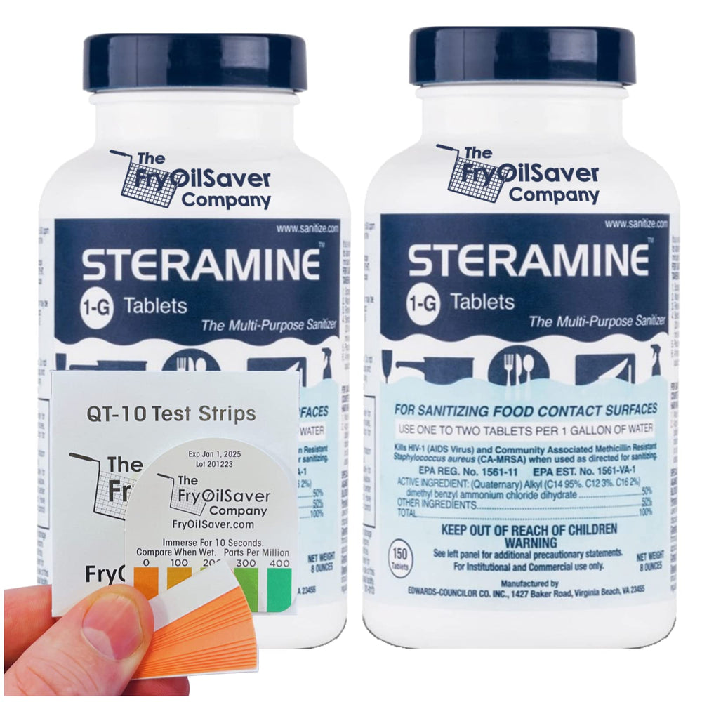 The FryOilSaver Co Steramine bottle pour for quick surface sanitizing.