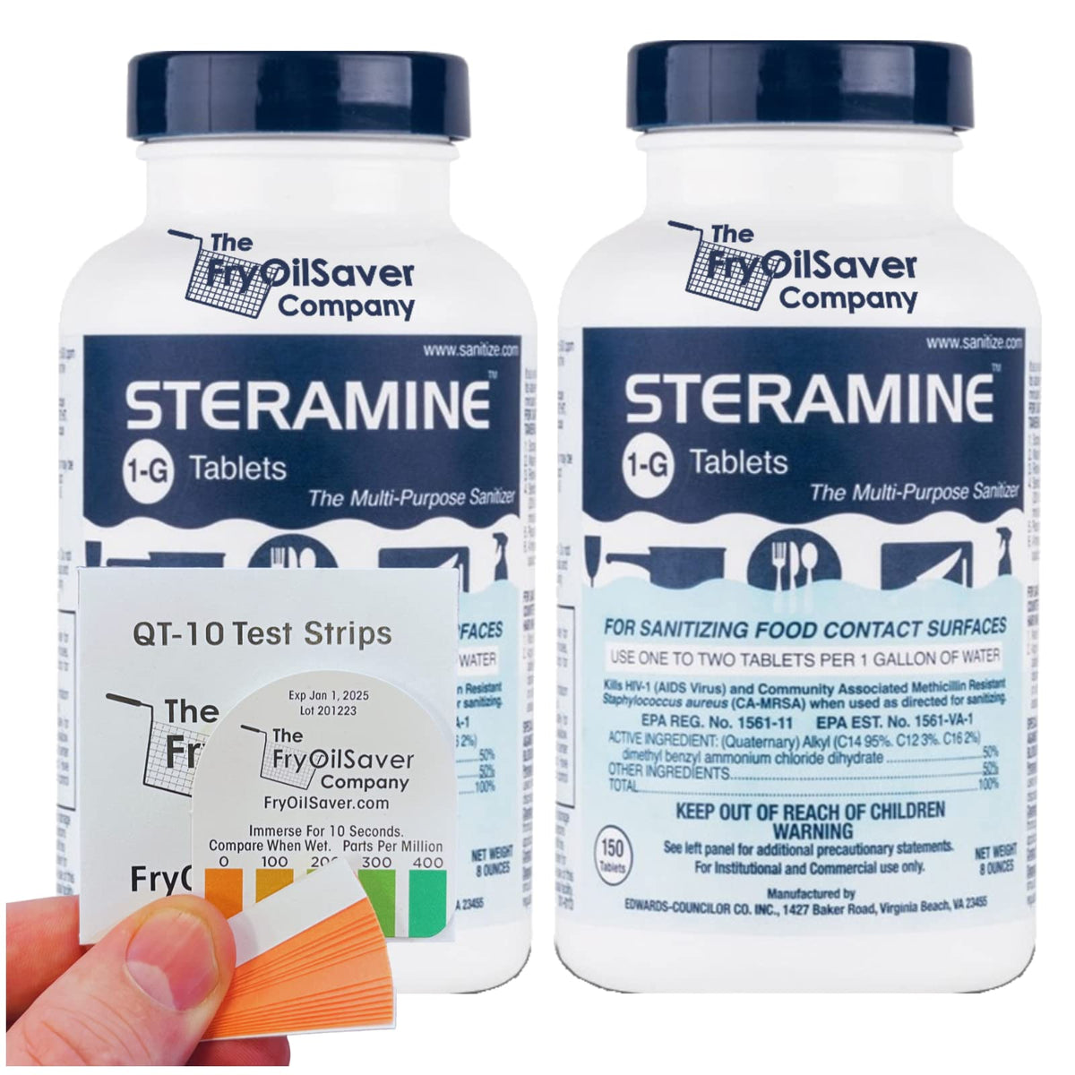 The FryOilSaver Co Steramine bottle pour for quick surface sanitizing.