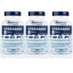 Steramine 1-G Quaternary sanitizing tablets bottle for surface cleaning in kitchens and restrooms.