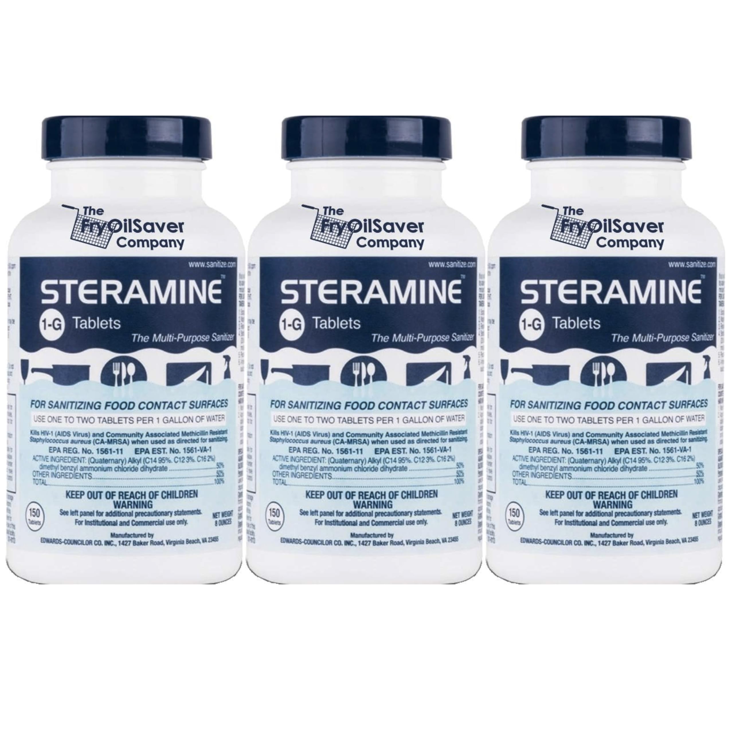 Steramine quaternary tablets packaging showing three bottles for large-scale cleaning.