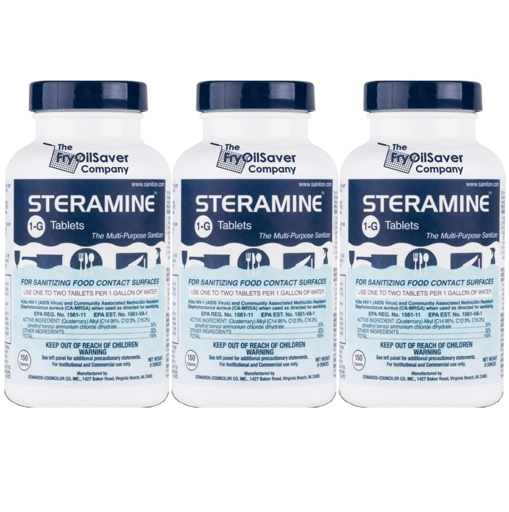 Steramine quaternary tablets packaging showing three bottles for large-scale cleaning.