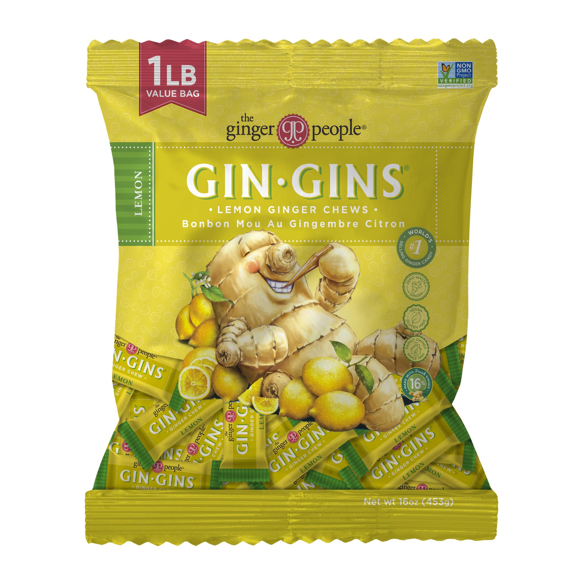 The Ginger People GIN GINS Lemon Ginger Chews in a 1 lb bag with tangy lemon ginger flavor