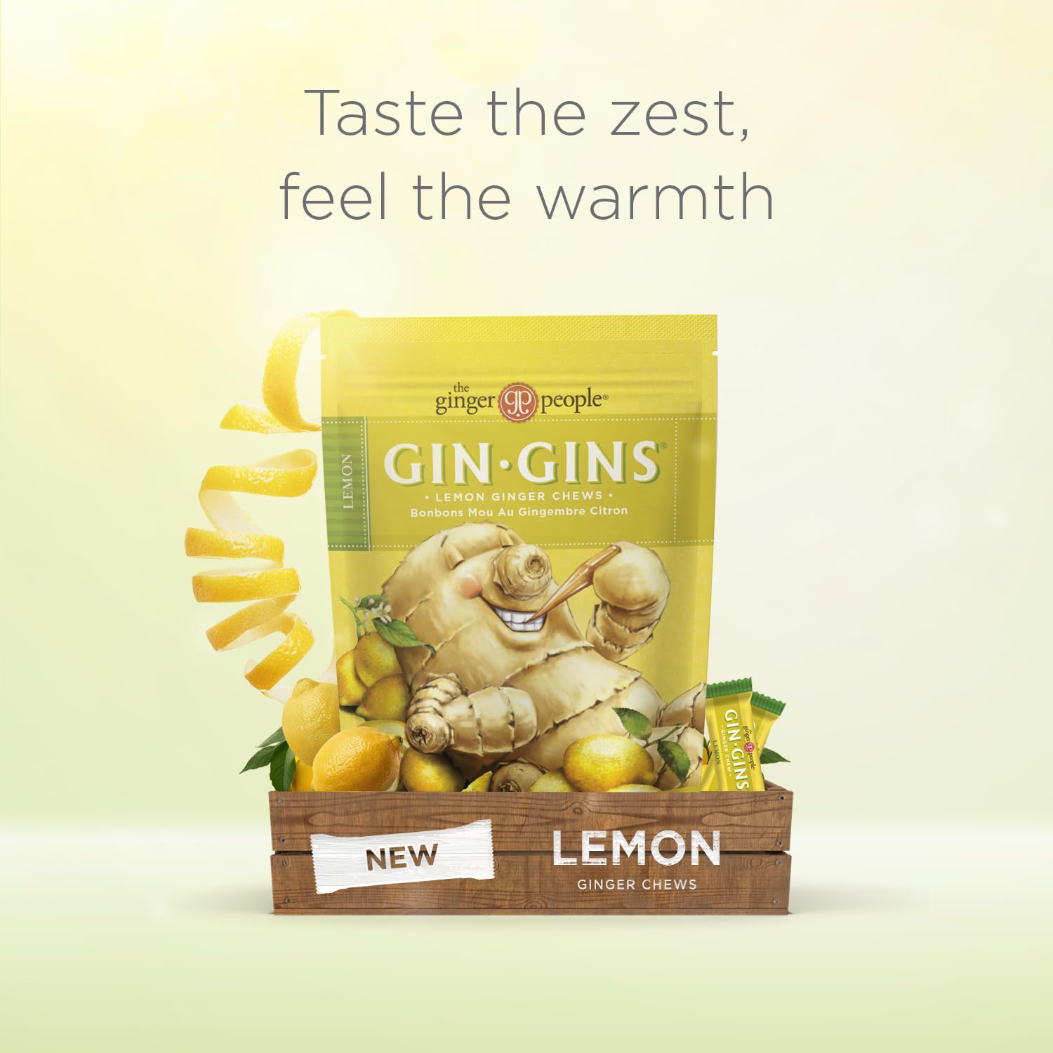The Ginger People GIN GINS Lemon Ginger Chews 3 oz bag highlights portability.