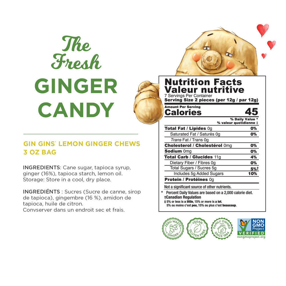 The Ginger People GIN GINS Lemon Ginger Chews in-hand view showcases single-serve convenience.