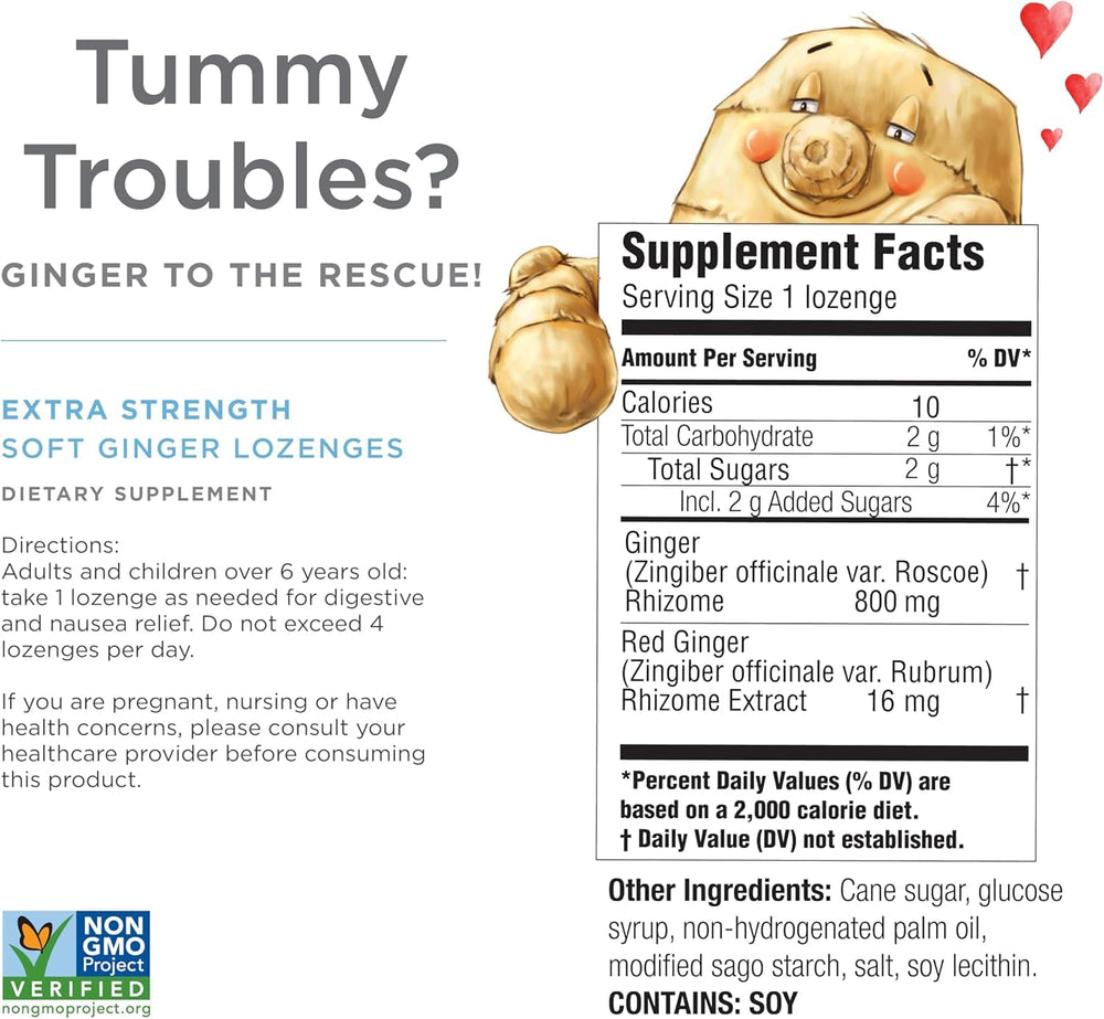 The Ginger People Ginger Rescue lozenges bottle highlights 425mg ginger with red ginger extract for fast-acting support.