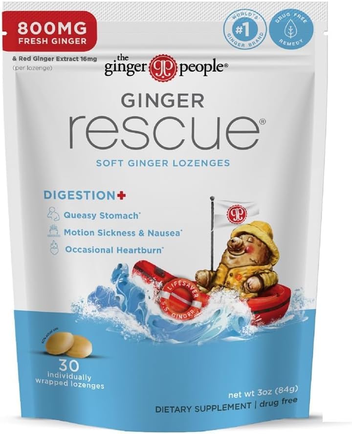 The Ginger People Ginger Rescue lozenges closeup shows fresh ginger texture for nausea relief.