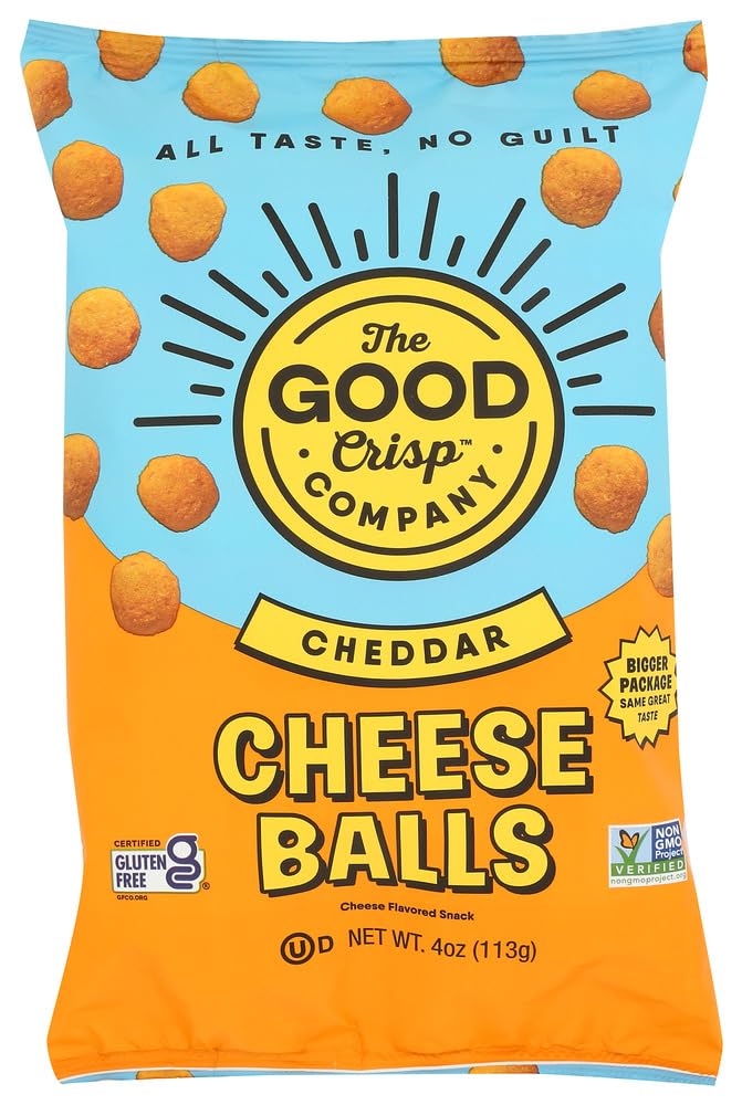 The Good Crisp Company Cheddar Cheese Balls packaging close-up, ideal for on-the-go snacking
