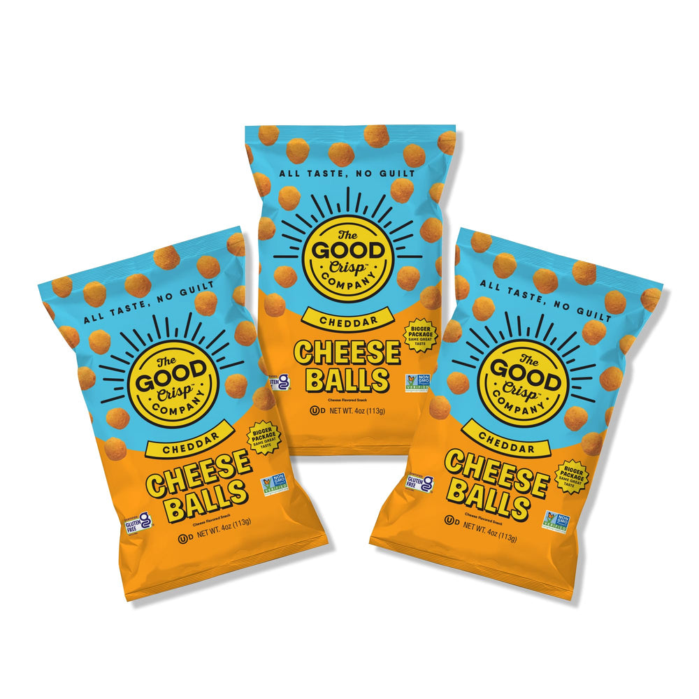 The Good Crisp Company cheddar cheese balls pack of 3 bags for family snacking.