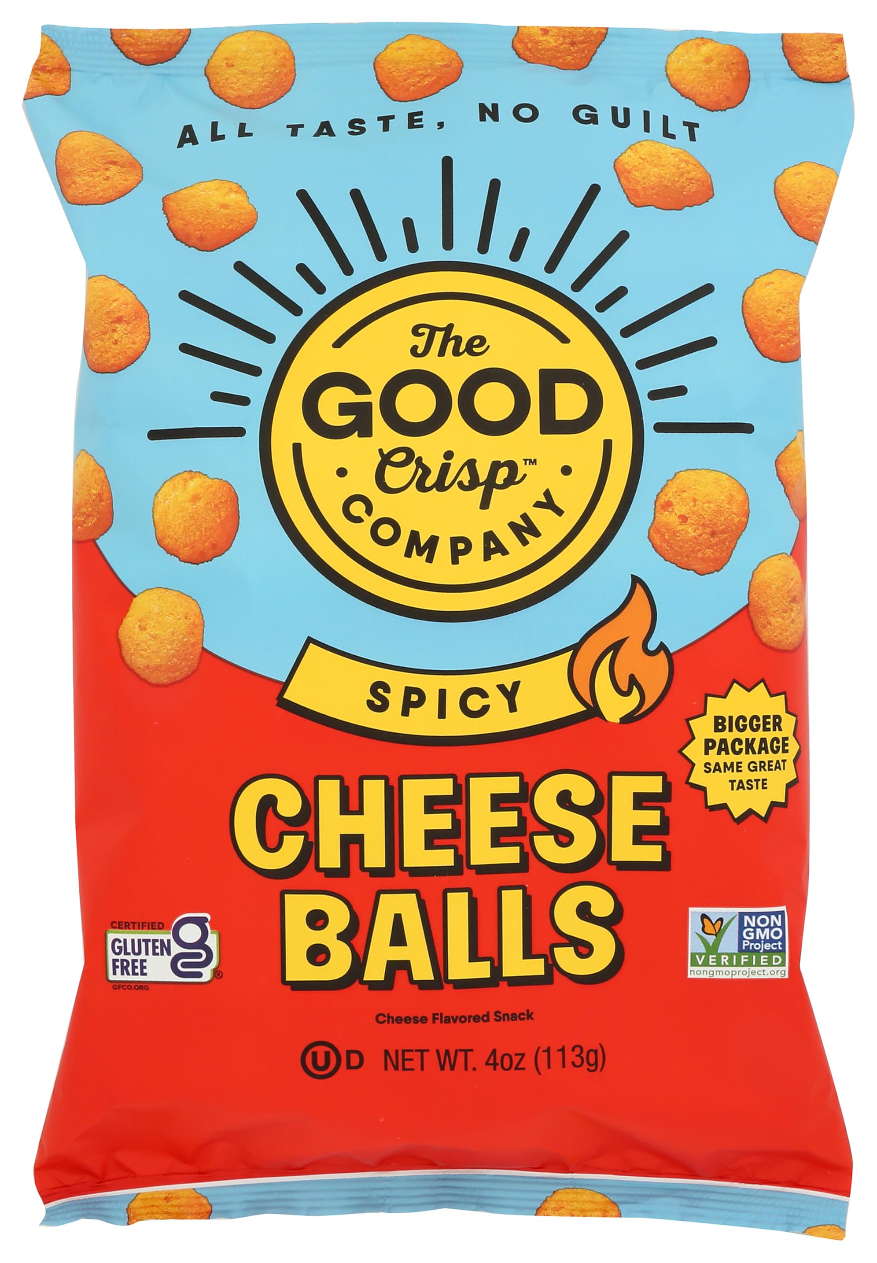 The Good Crisp Company Spicy Cheese Balls packaging for convenient pantry snacking.