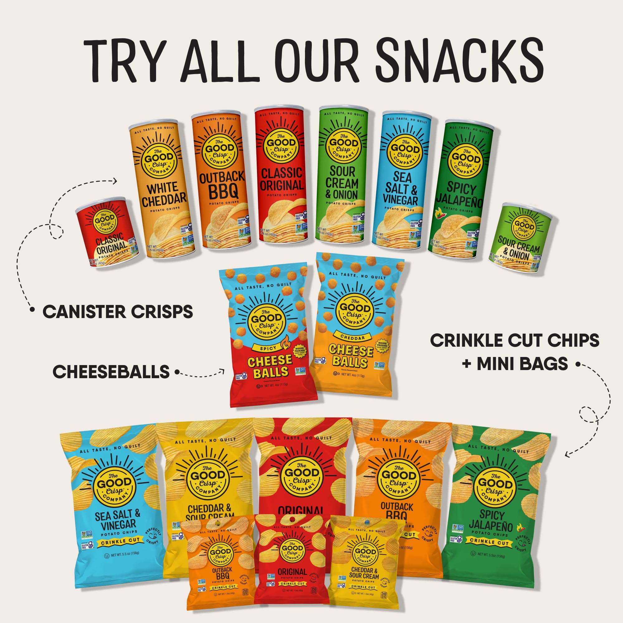 The Good Crisp Company Variety Pack display, multi-flavor snack option.