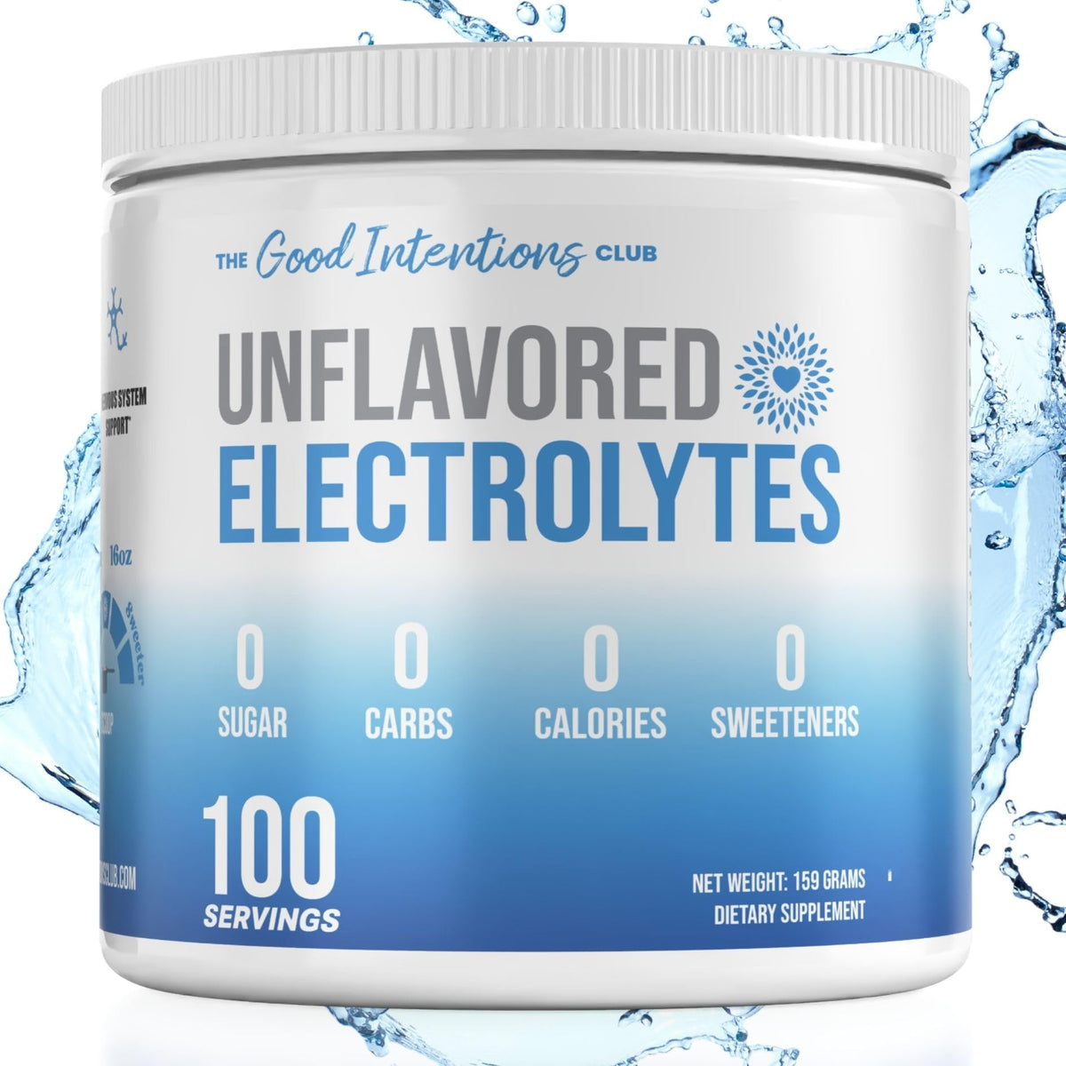 The Good Intentions Club unflavored electrolytes tub front for clean hydration