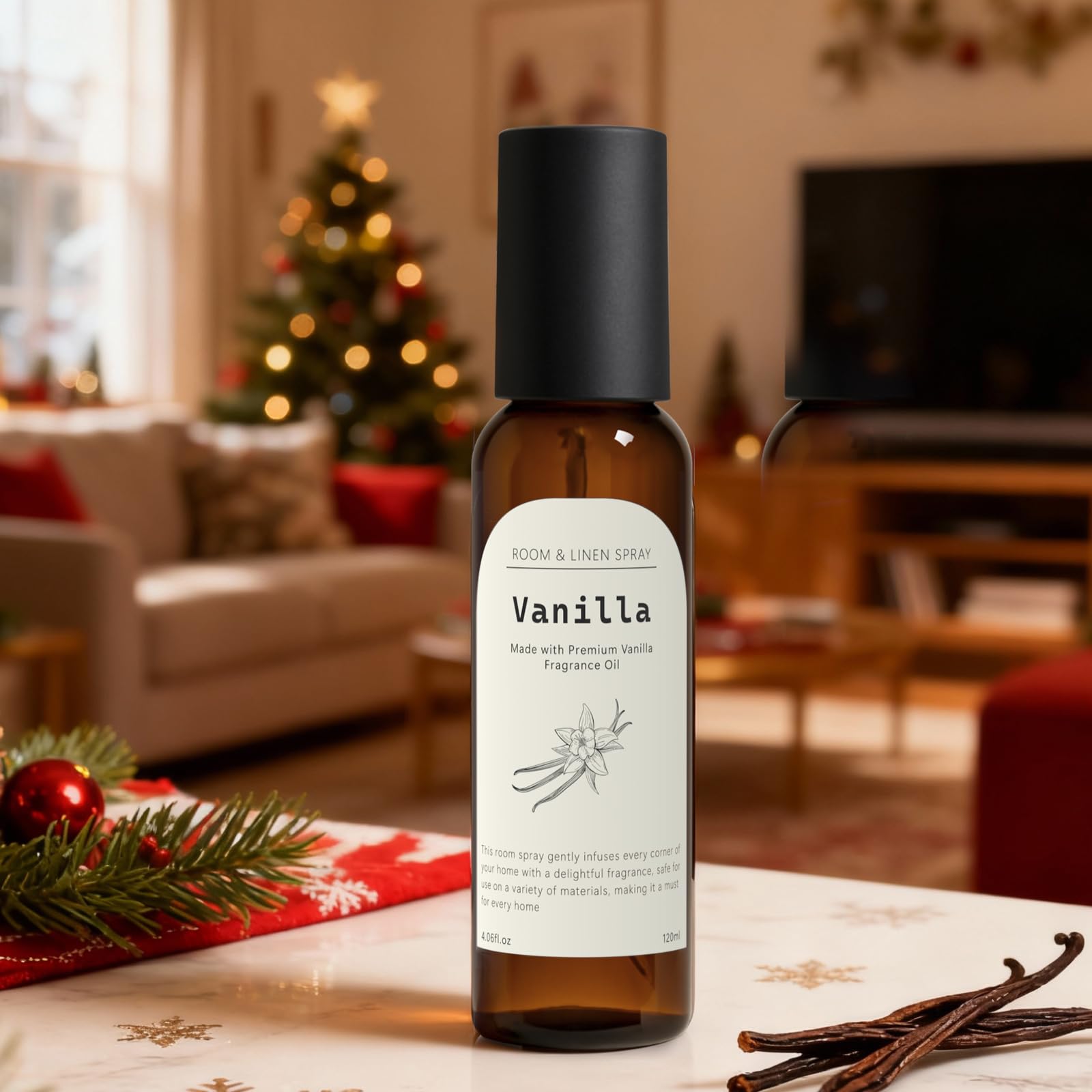 The Good Soul Project vanilla room spray creates a welcoming living room glow.