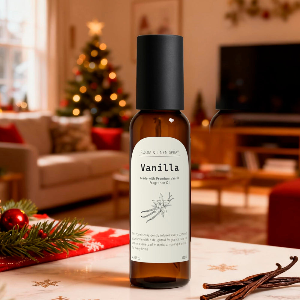 The Good Soul Project vanilla room spray creates a welcoming living room glow.