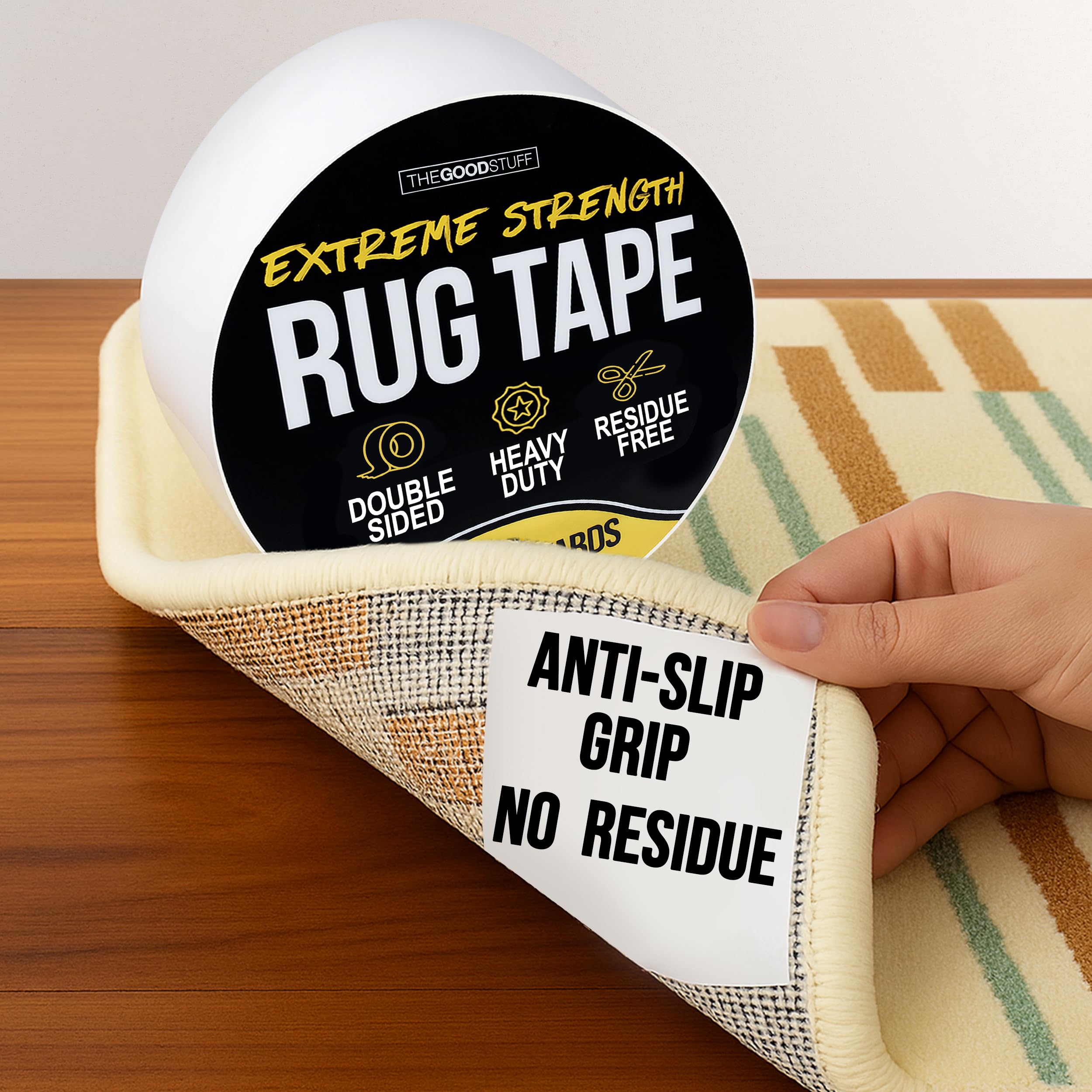 The Good Stuff rug tape adheres to laminate with no residue after removal.