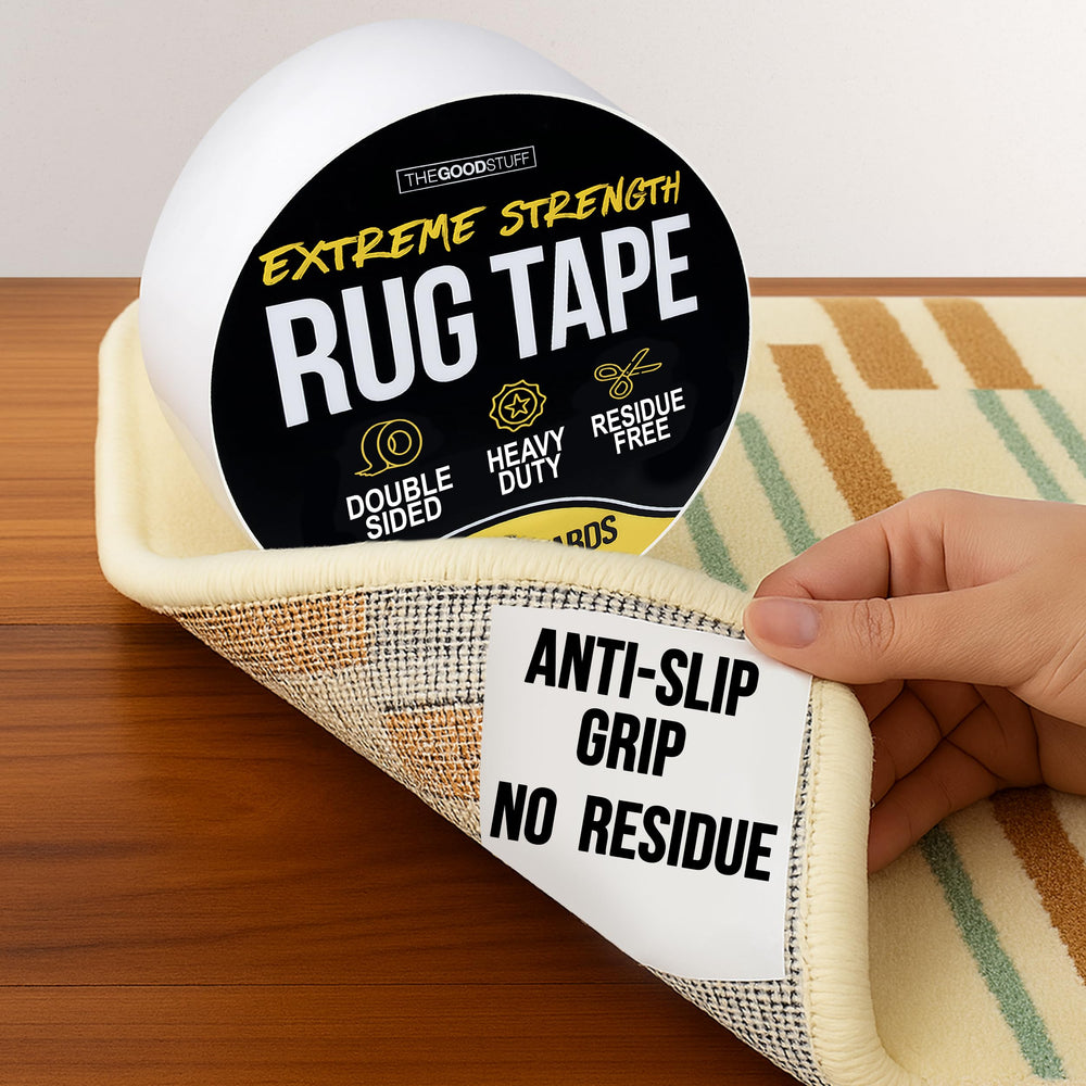 The Good Stuff rug tape adheres to laminate with no residue after removal.