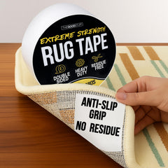 The Good Stuff rug tape adheres to laminate with no residue after removal.