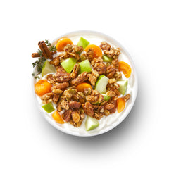 Ingredient breakdown with nuts and seeds highlighting gluten-free, non-GMO ingredients.