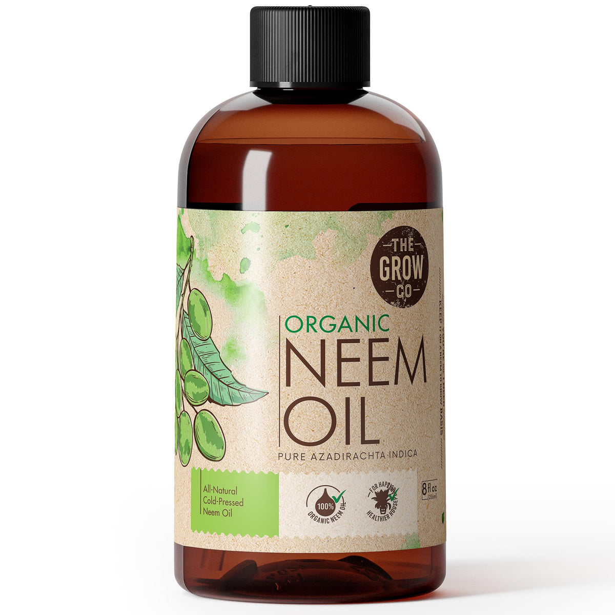 The Grow Co Neem Oil bottle close-up, ready for garden use.