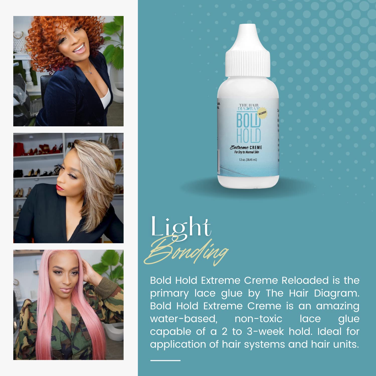 The Hair Diagram Bold Hold Extreme Creme Reloaded lace front attachment secures wigs.