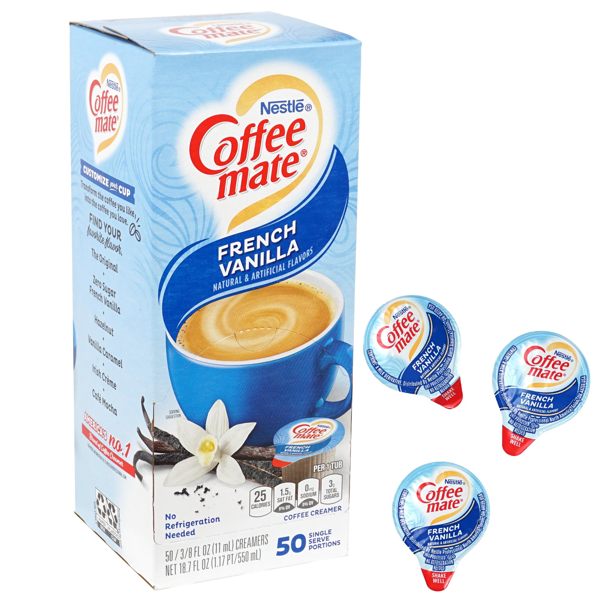 The Hampton Candy Company French Vanilla creamer singles box front, travel-friendly single-serve convenience.