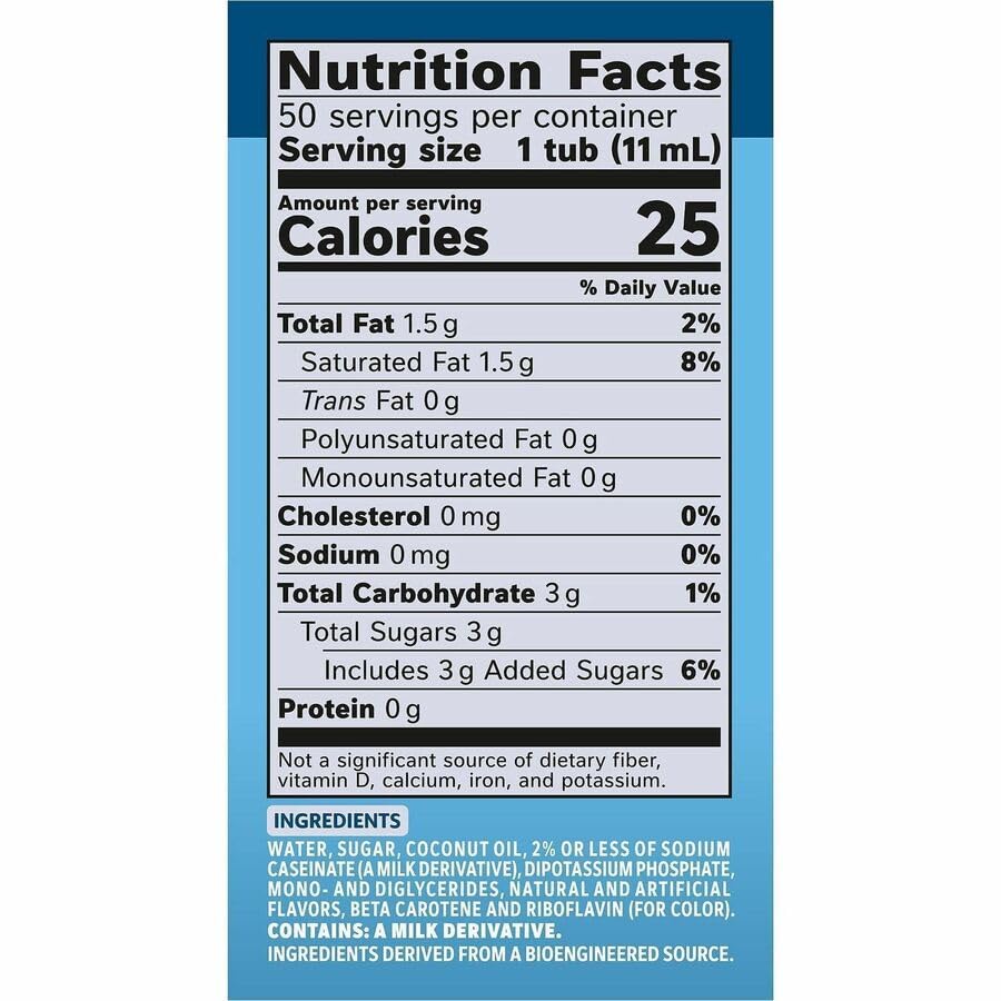 The Hampton Candy Company French Vanilla creamer singles ingredients label, easy-to-read nutrition.