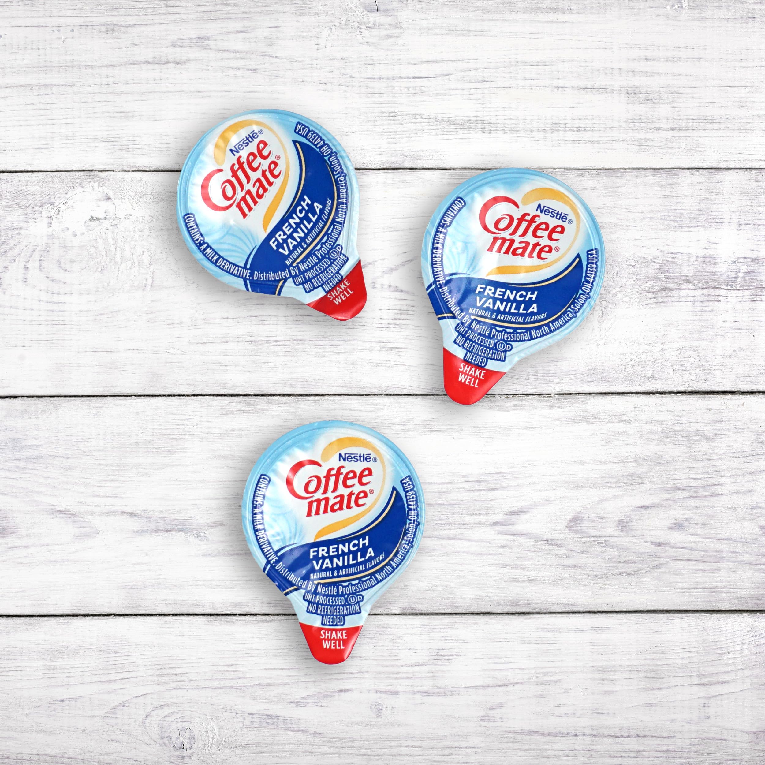The Hampton Candy Company French Vanilla creamer singles pour shot, smooth mix in hot or cold drinks.