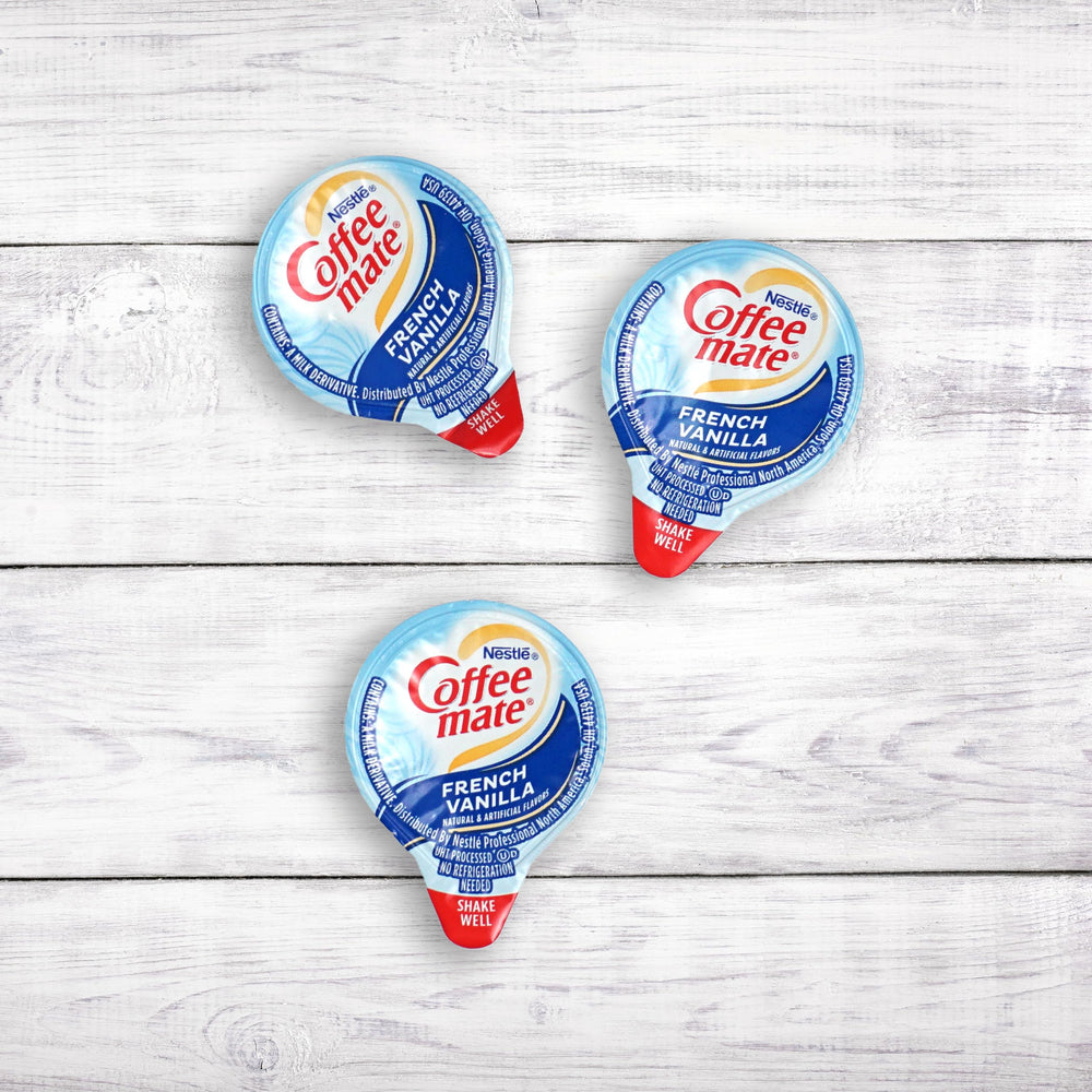 The Hampton Candy Company French Vanilla creamer singles pour shot, smooth mix in hot or cold drinks.