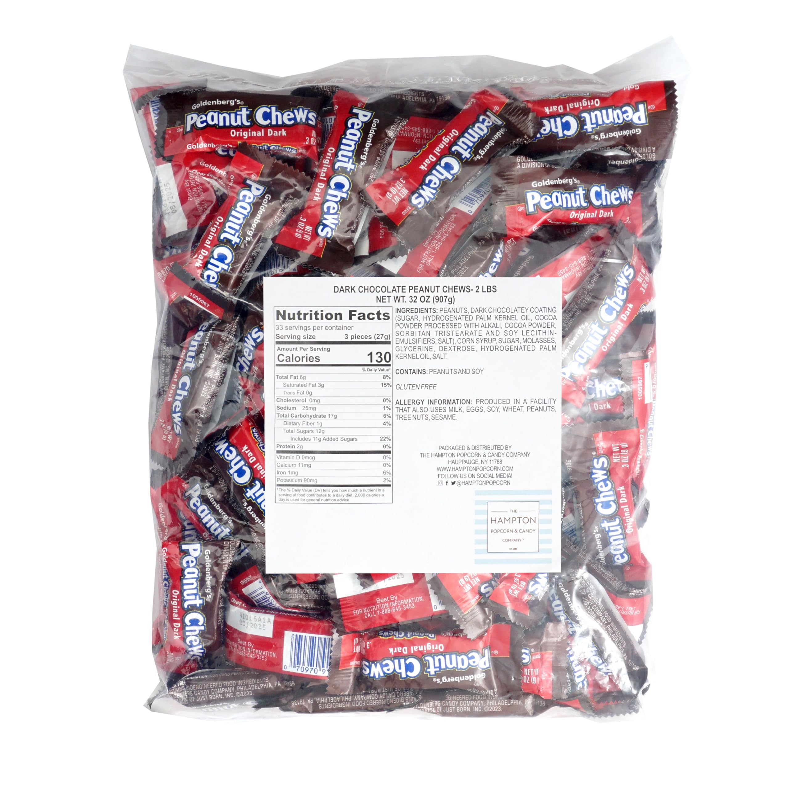 The Hampton Candy Company Peanut Chews Original Dark, individually wrapped for quick on-the-go snacks.