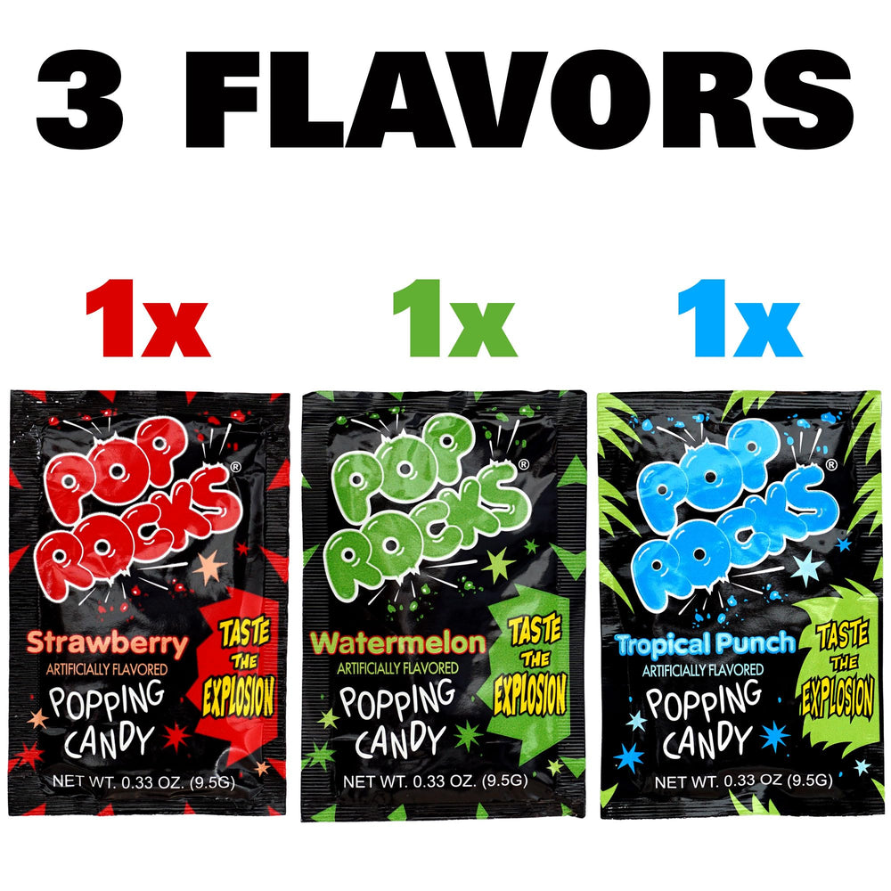The Hampton Candy Company Pop Rocks 3-pack flavors display, Watermelon, Strawberry and Tropical Punch.