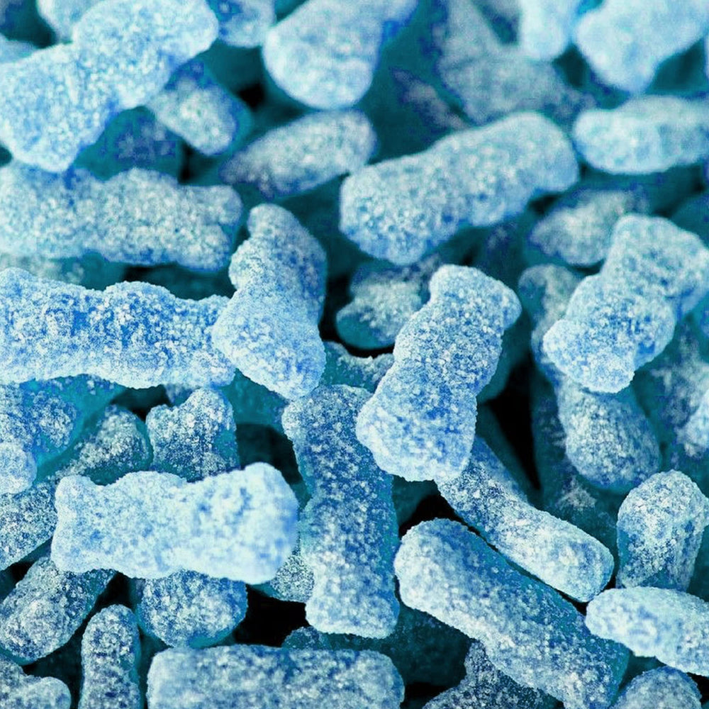 Close-up of tangy blue raspberry crystals from The Hampton Candy Company Sour Kids.