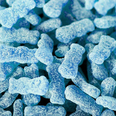 Close-up of tangy blue raspberry crystals from The Hampton Candy Company Sour Kids.