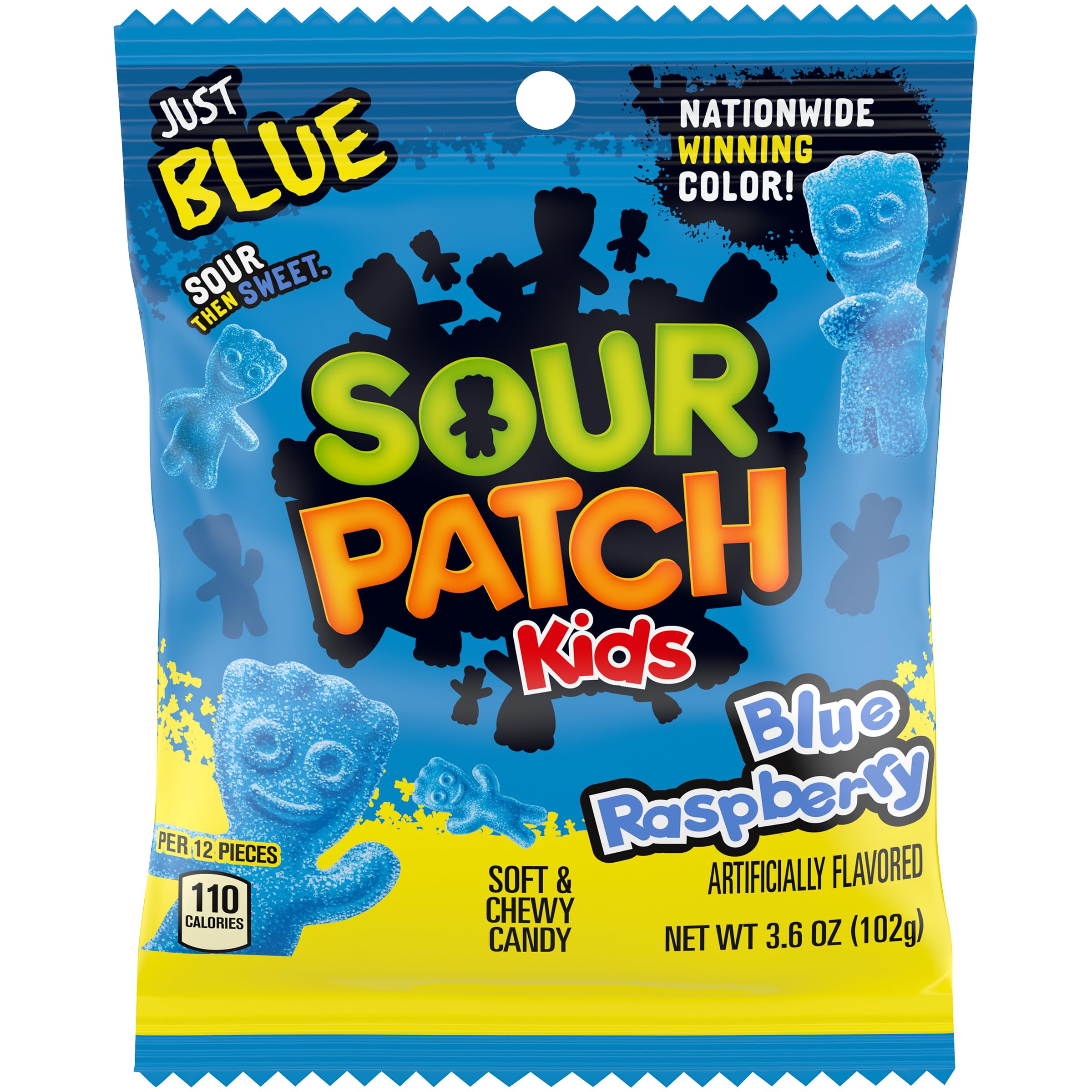 The Hampton Candy Company Sour Kids Blue Raspberry packaging highlights a bright blue raspberry flavor.
