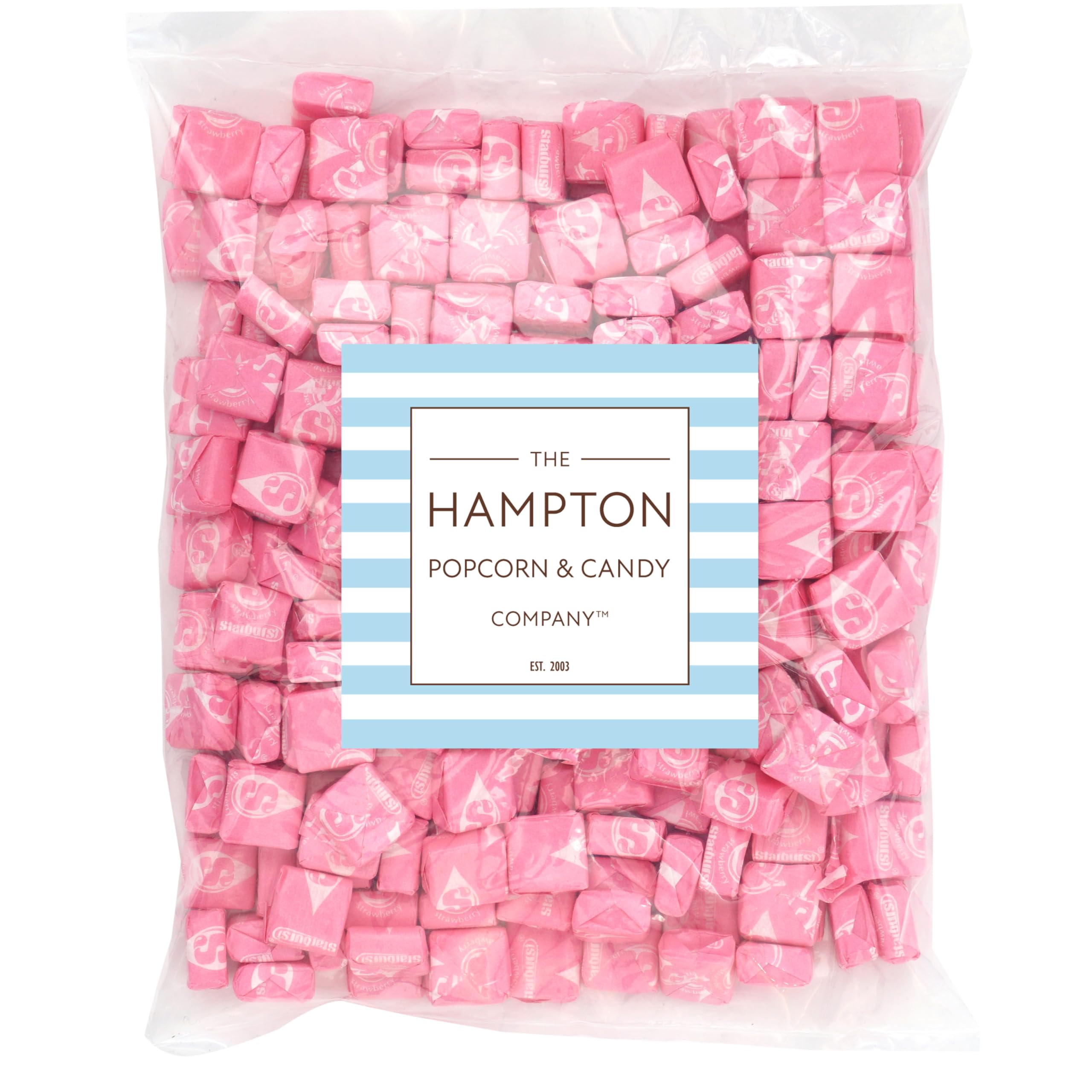 Close-up of Starburst All Pink strawberry fruit chews from Hampton Candy.