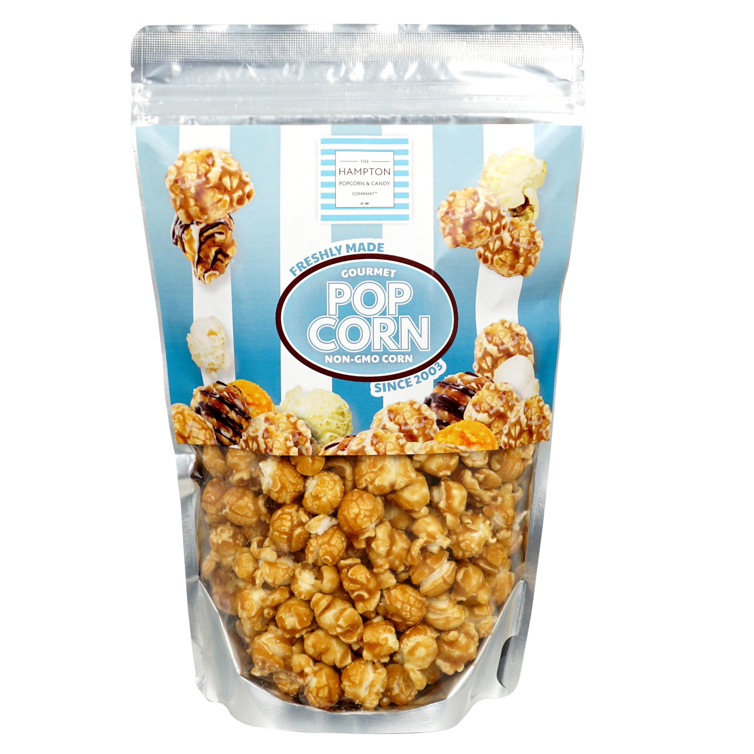 The Hampton Popcorn Company caramel popcorn bag closeup shows a rich, buttery coating.