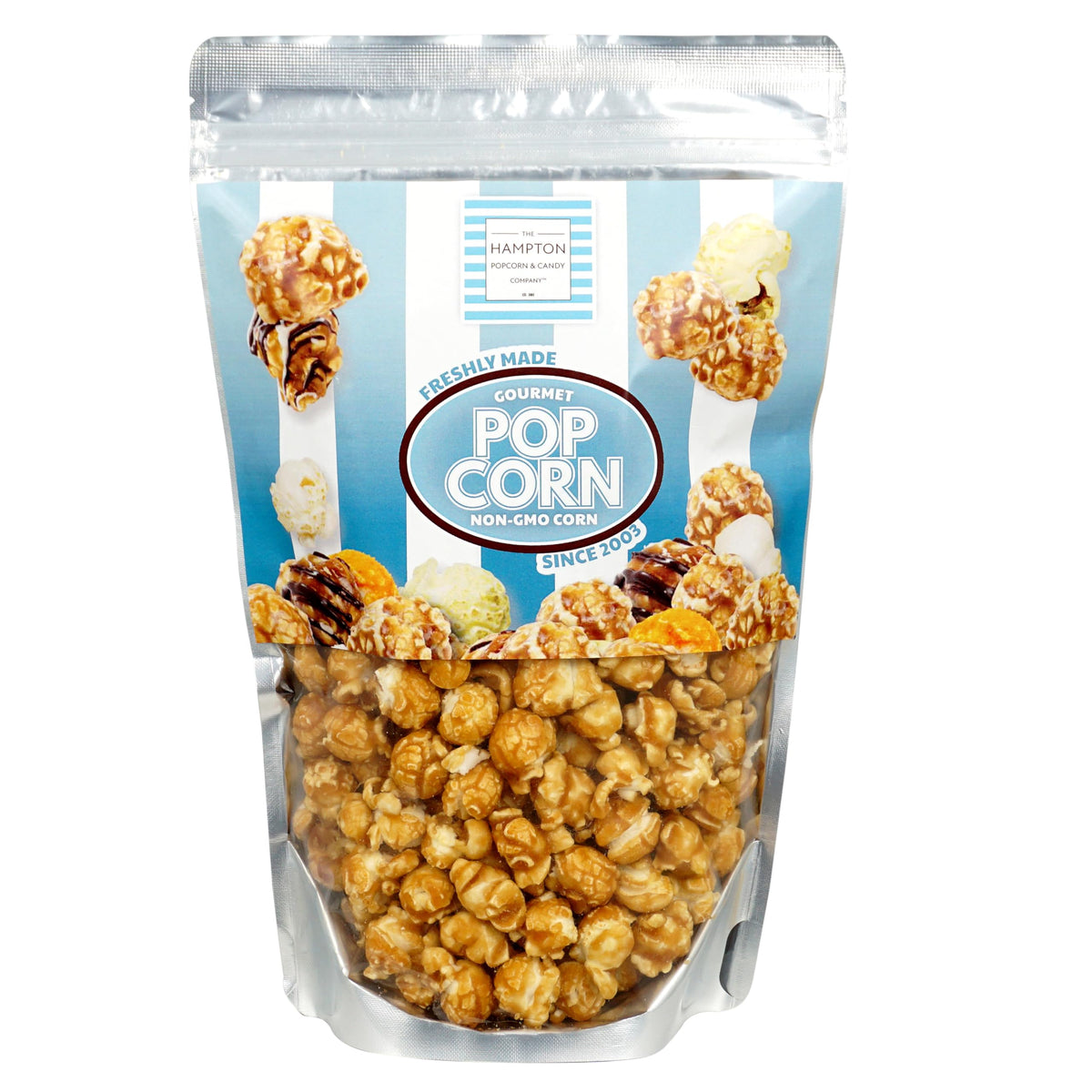 The Hampton Popcorn Company caramel popcorn bag closeup shows a rich, buttery coating.