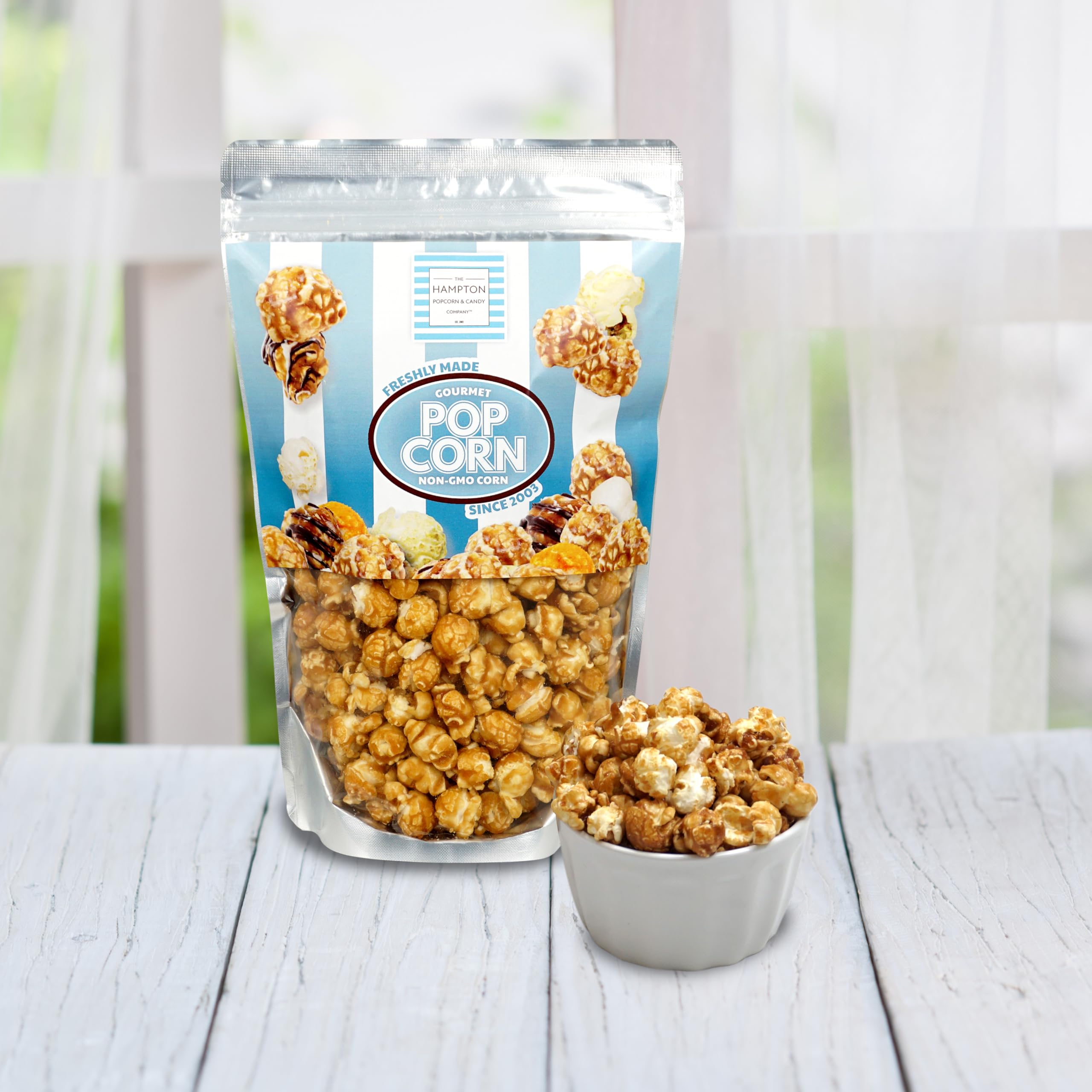 The Hampton Popcorn Company satisfying-crunch highlights the premium caramel popcorn experience.
