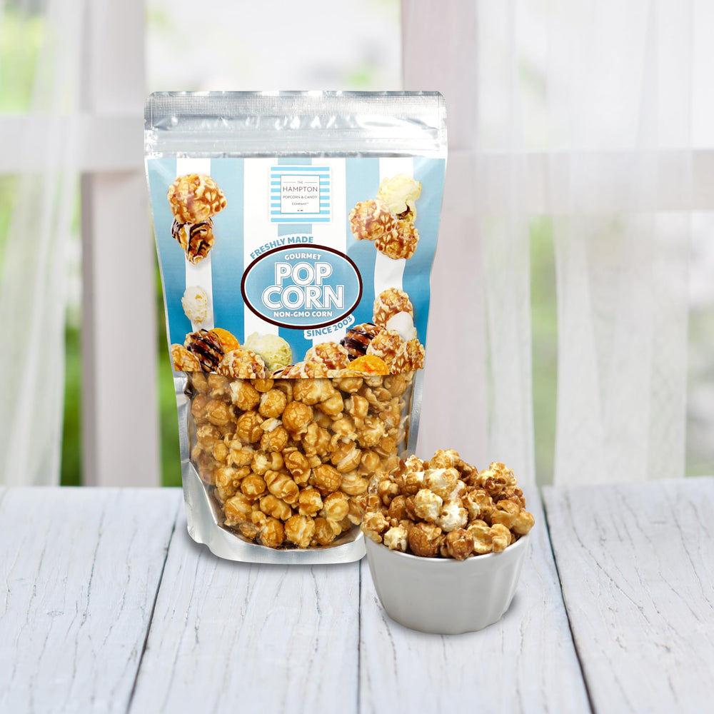 The Hampton Popcorn Company satisfying-crunch highlights the premium caramel popcorn experience.