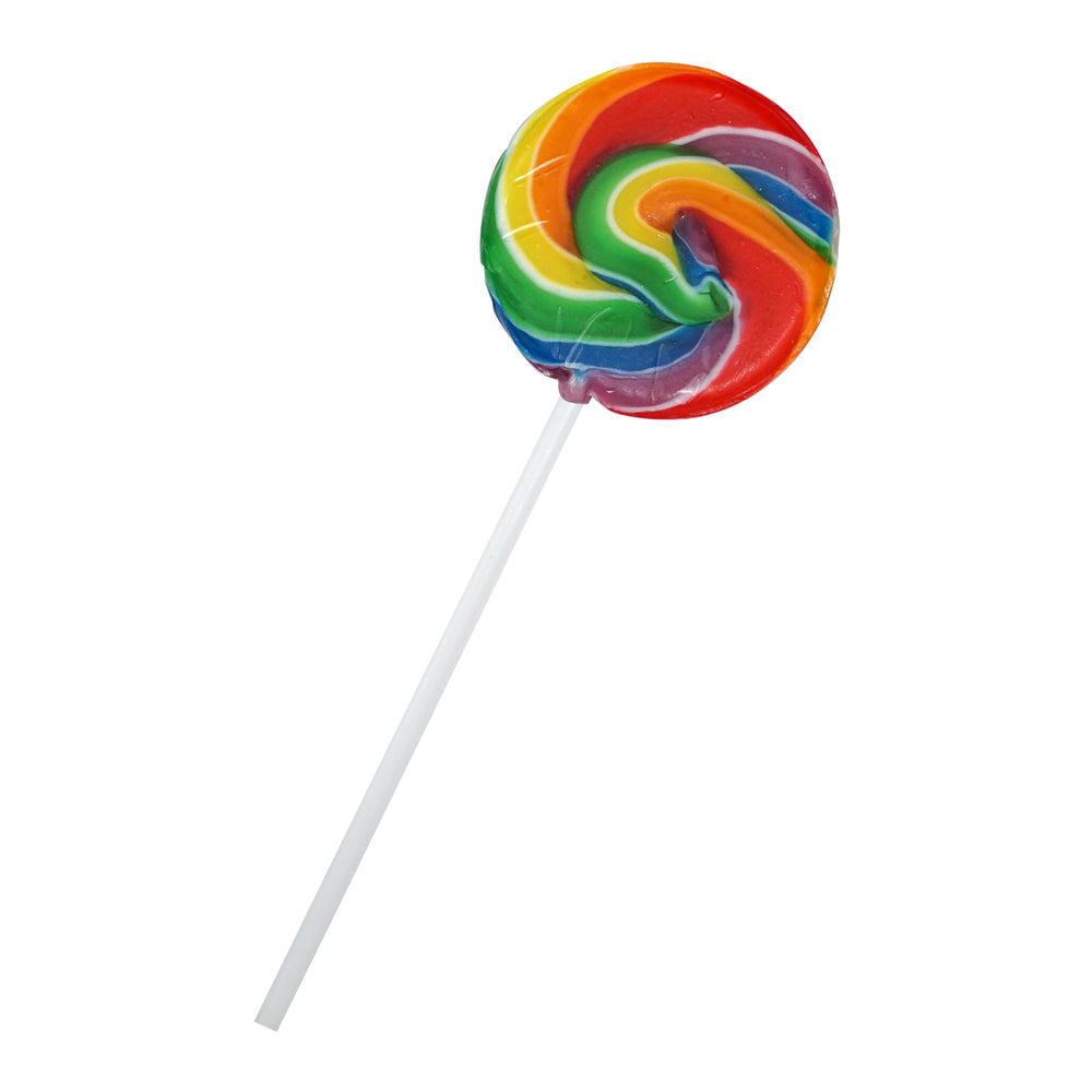The Hampton rainbow lollipop in hand for a colorful snack moment.