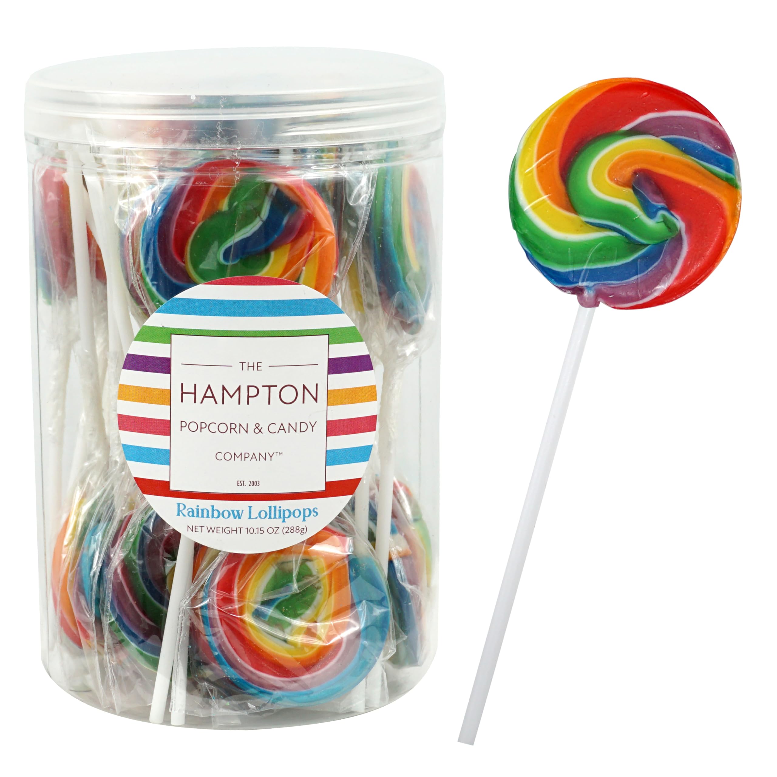 The Hampton rainbow lollipops 24-pack on display, ideal for party favors.