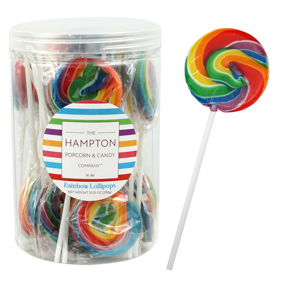 The Hampton rainbow lollipops 24-pack on display, ideal for party favors.