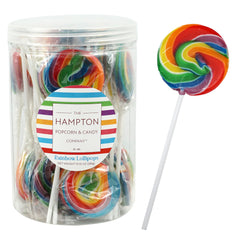 The Hampton rainbow lollipops 24-pack on display, ideal for party favors.