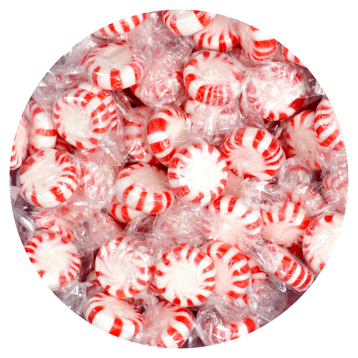 The Hampton Starlight Peppermints bulk bag front view, festive red-and-white swirl