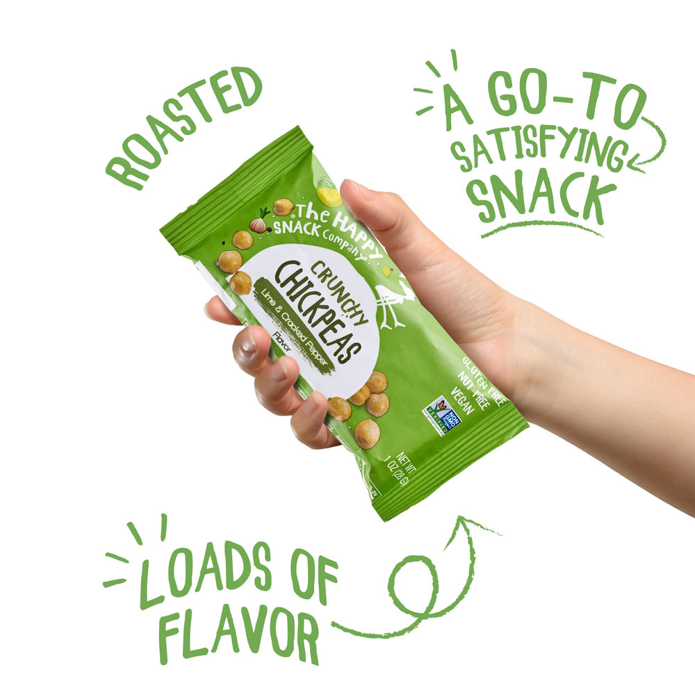 The Happy Snack Company lime-cracked pepper chickpeas in a bowl – zesty, dairy-free snack.
