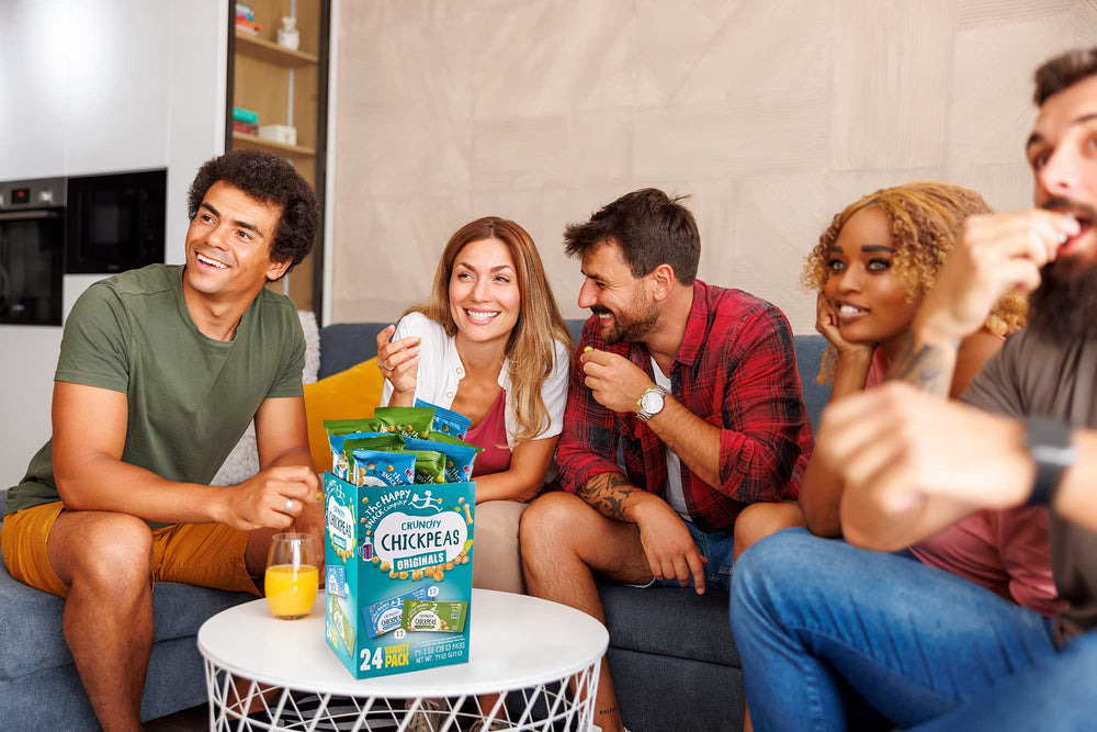 The Happy Snack Company ready-to-seal bag with chickpeas – gluten-free and Non-GMO.