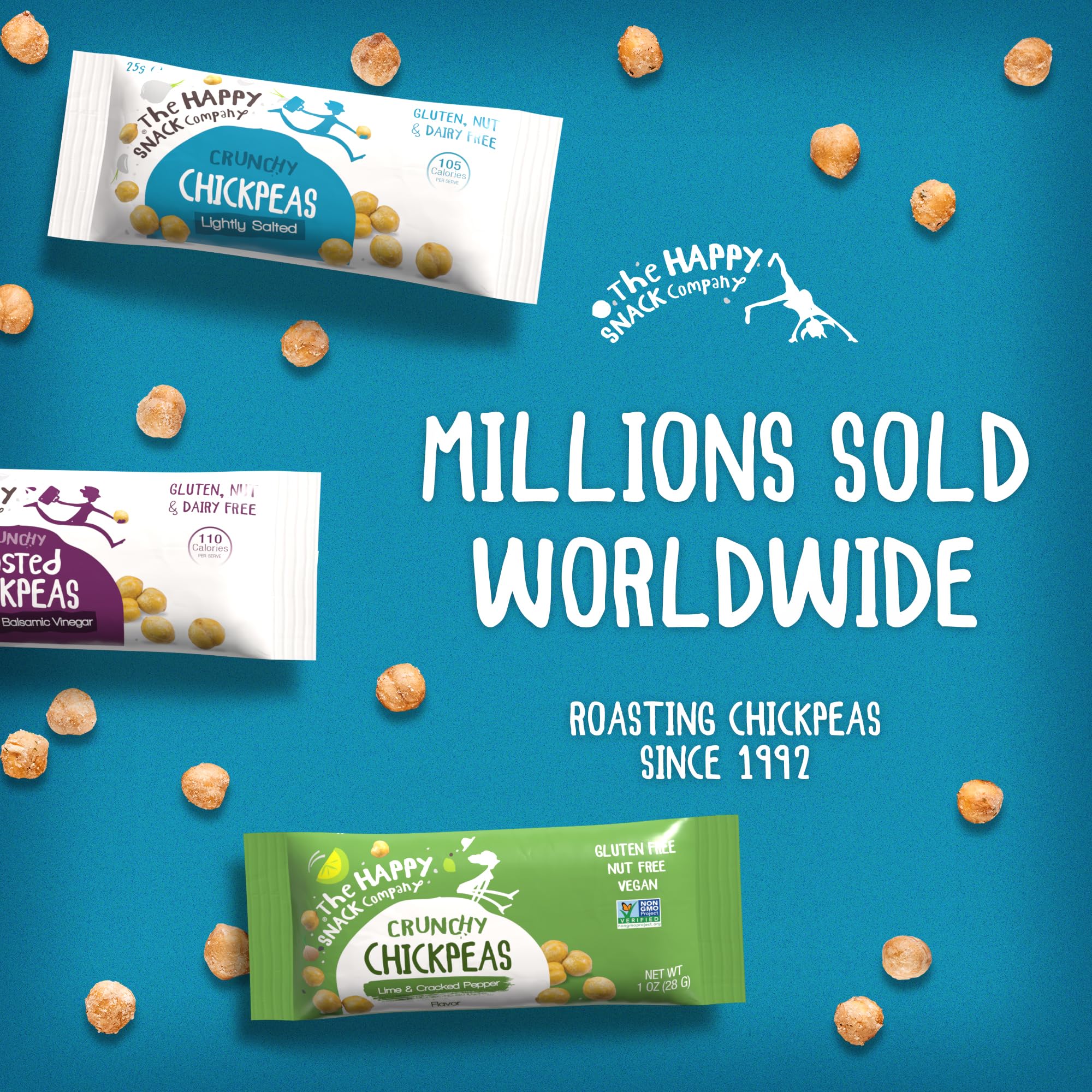 The Happy Snack Company roasted chickpeas close-up in bowl – crisp texture and flavor.