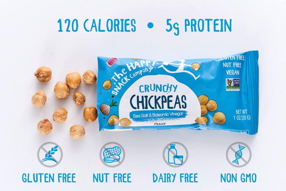 The Happy Snack Company sea salt & balsamic flavor chickpeas serving in a bowl.